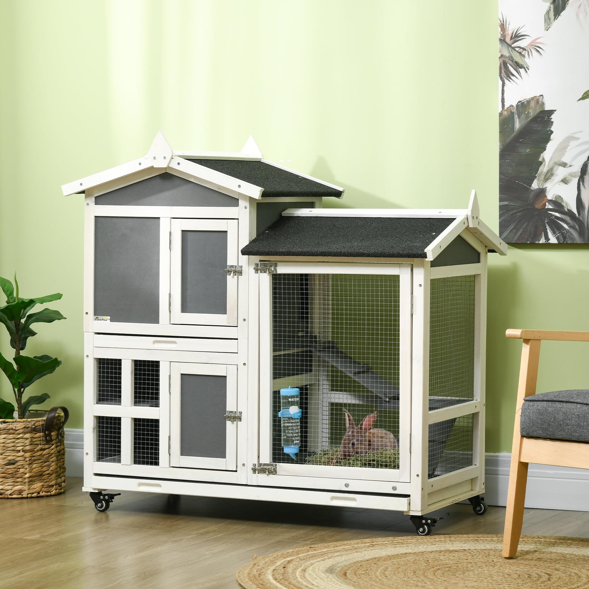 PawHut 43" Indoor Rabbit Hutch with an Extra Hideout, Bunny Rabbit Cage Playpen with Space-Saving Design, Bunny Hutch with Removable Tray, Gray