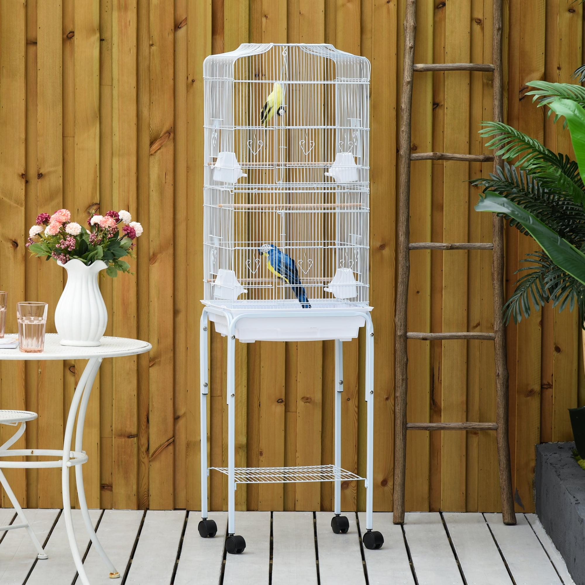 PawHut 60" Metal Indoor Bird Cage Starter Kit With Detachable Rolling Stand, Storage Basket, And Accessories, White