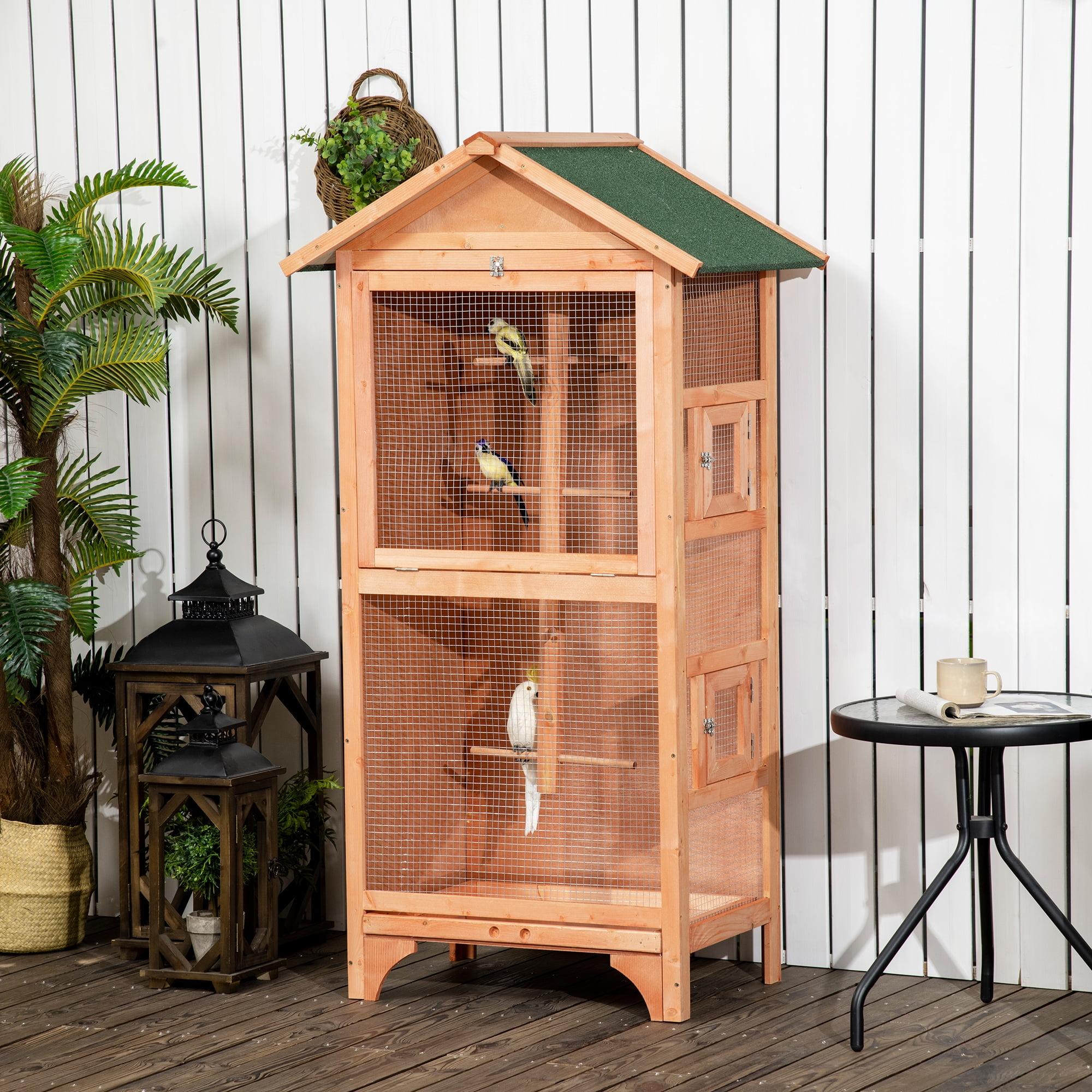 PawHut Wooden Outdoor Bird Cage, Featuring a Large Play House with Removable Bottom Tray 4 Perch