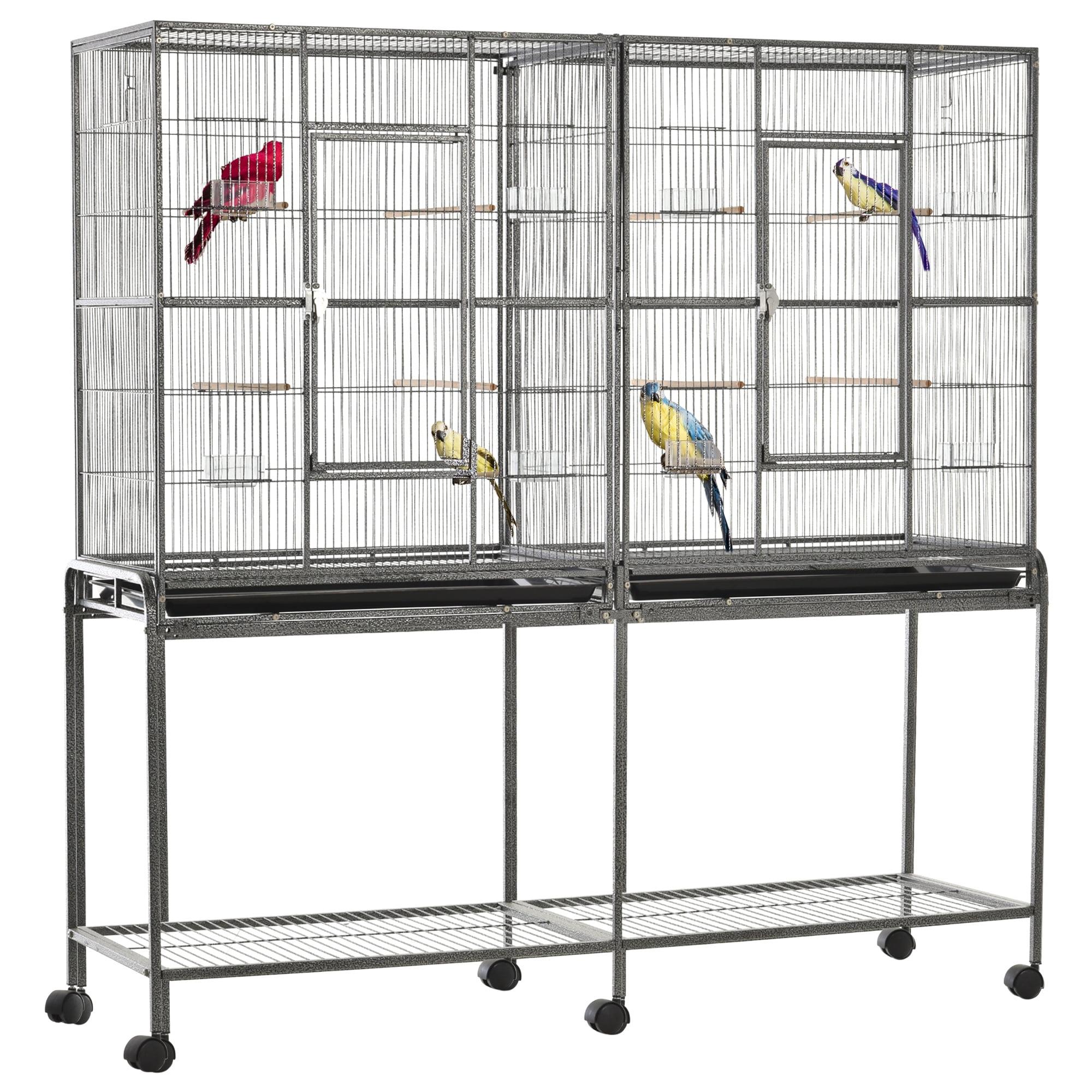 PawHut 65" Multicolor Metal Bird Cage with Rolling Stand and Storage Shelf