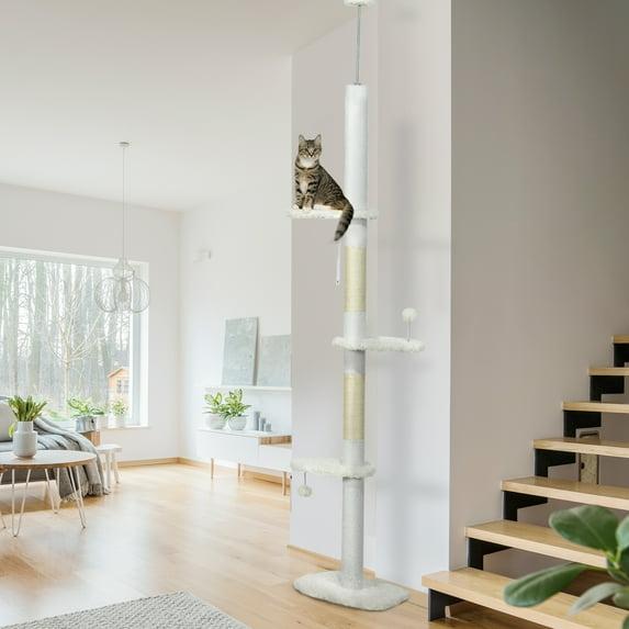 PawHut Floor to Ceiling Cat Tree with Scratching Posts, 88.5" - 100.5" Adjustable Height, Cat Climbing Tower with Cloud Shape Platforms, Balls, White