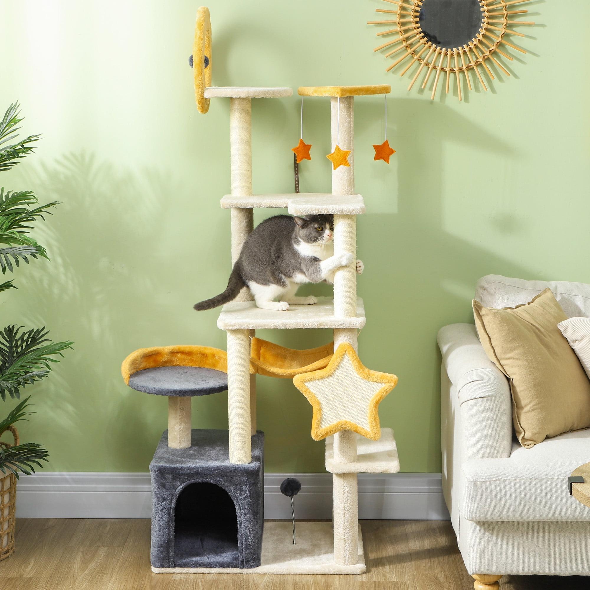 PawHut Cat Tree, 63 Inch Moon and Star Themed Cat Tower with Scratching Post, Hammock, Condo, Bed, Scratching Board & Cat Toys, Beige