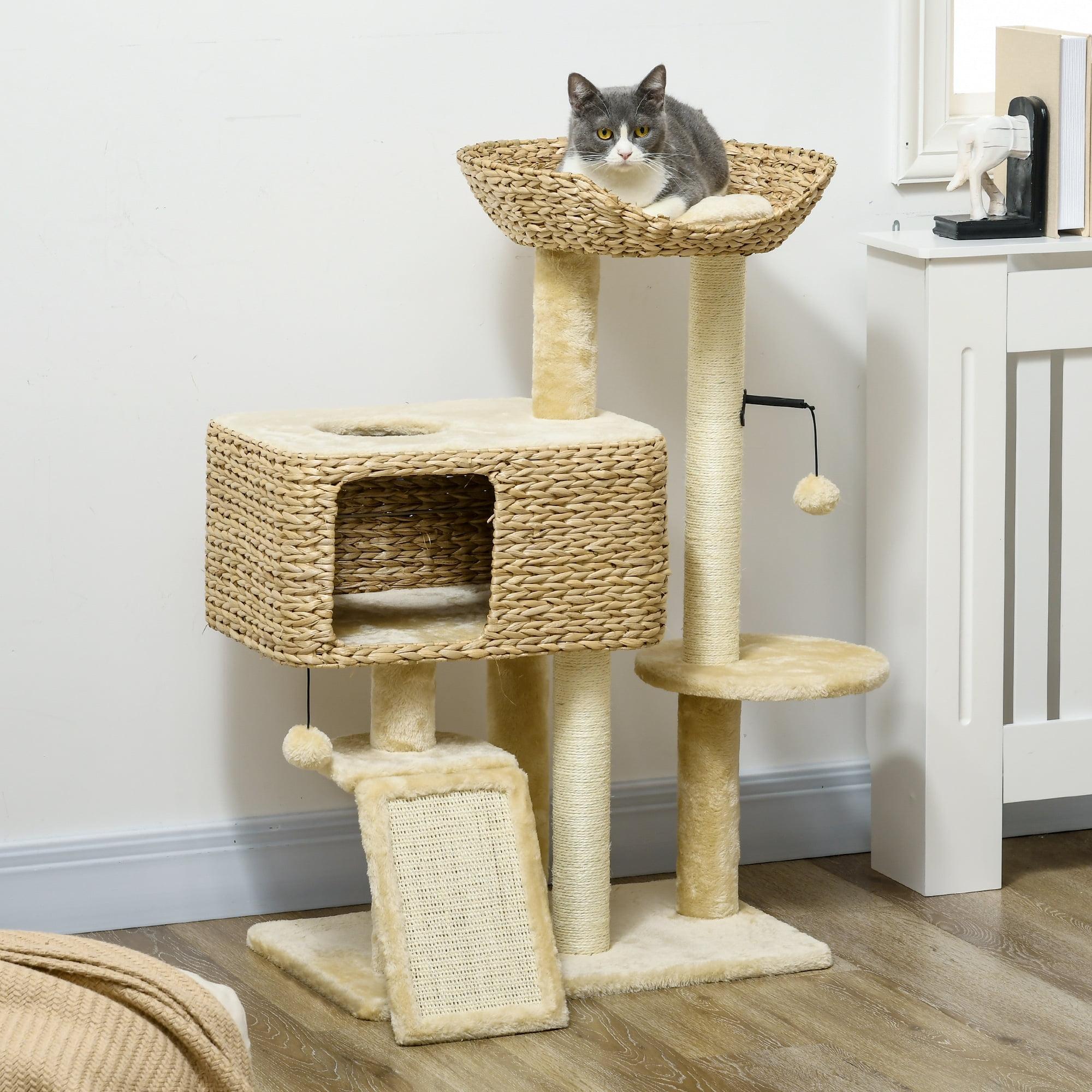 PawHut Scratching Posts, 45" Cat Tree for Indoor Cats with a Ramp, Condo, Toy Balls, Platforms, Bed Cat Tower, Beige