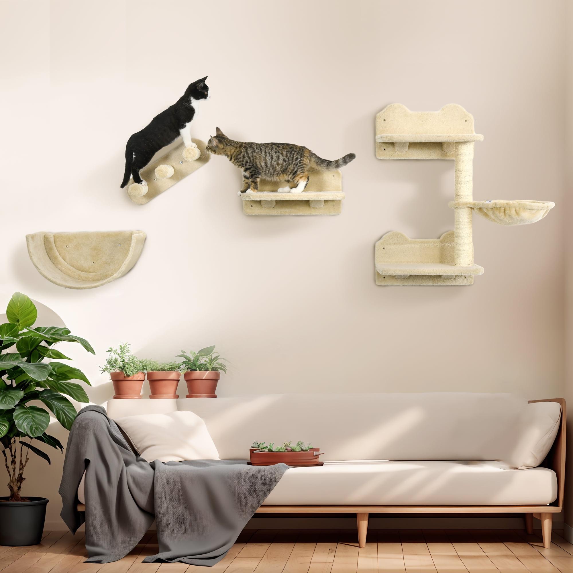 Beige Sisal Wall-Mounted Cat Tree with Hammock and Platforms