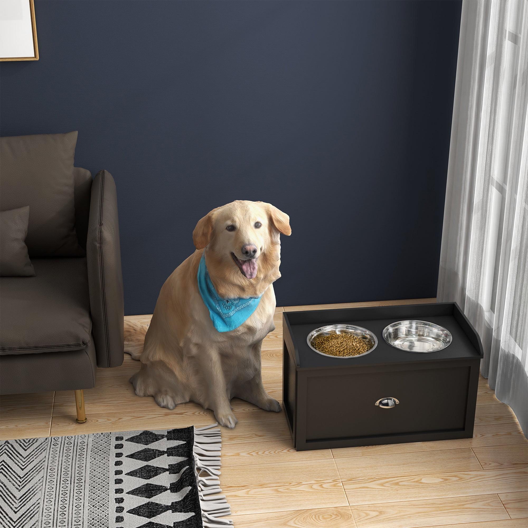 Black Elevated Dog Feeding Station with Storage Drawer and Stainless Steel Bowls