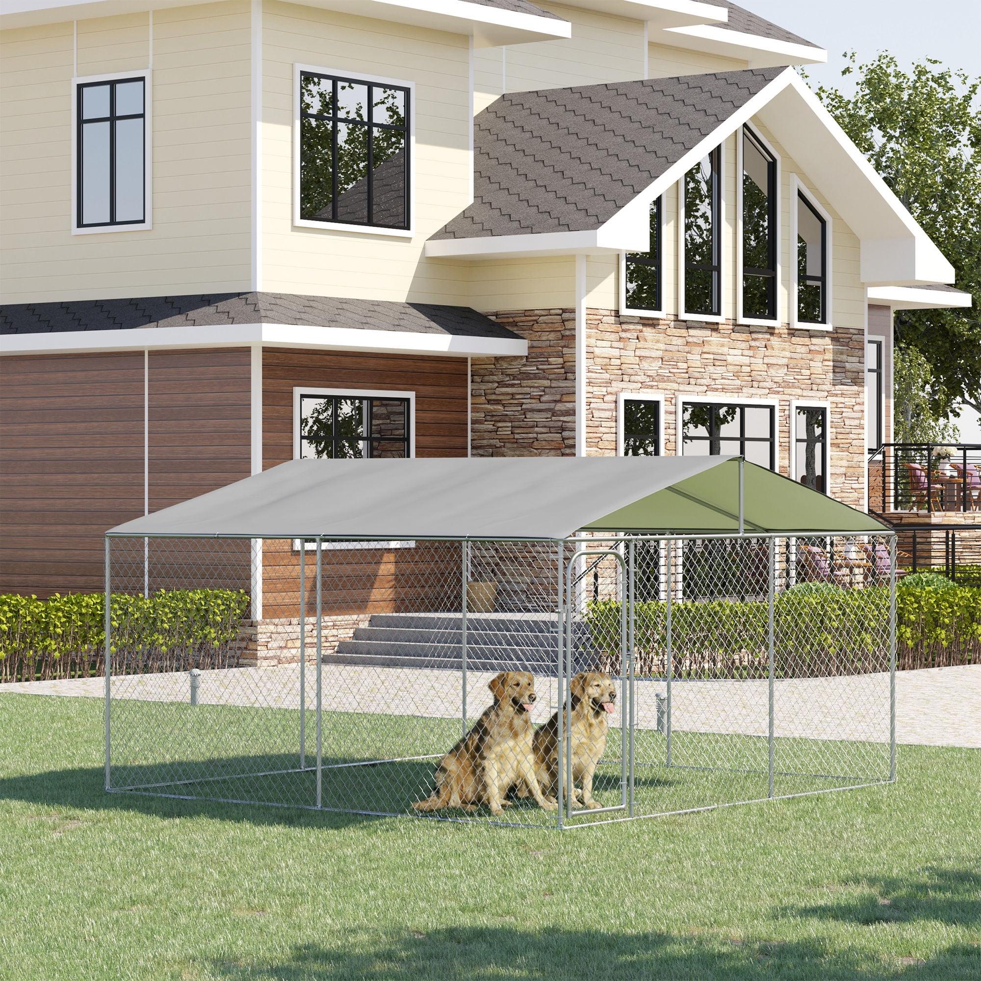 PawHut Outdoor Metal Dog Kennel, Pet Playpen with Steel Lock, Mesh Sidewalls and Cover for Backyard & Patio