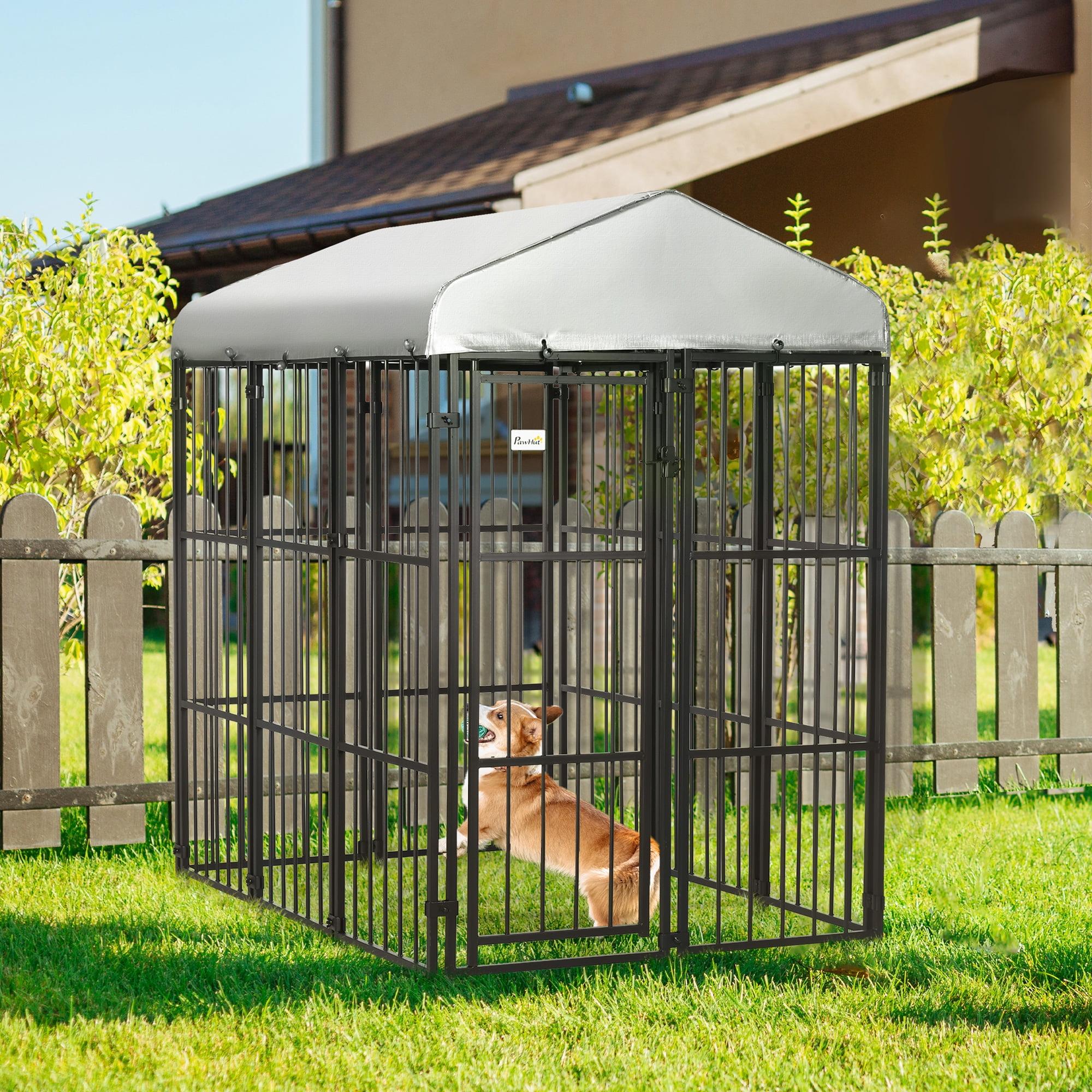 PawHut Covered Dog Playpen for Large & Medium Size Breeds, Outdoor Enclosure, Locking Exercise Kennel with Heavy-Duty Metal Frame, Black