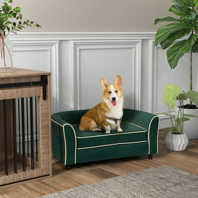 PawHut Dog Sofa, Fancy Pet Bed, Modern Dog Couch for Small and Medium Dogs, with Soft Cushion, Washable and Removable Cover, Dark Green