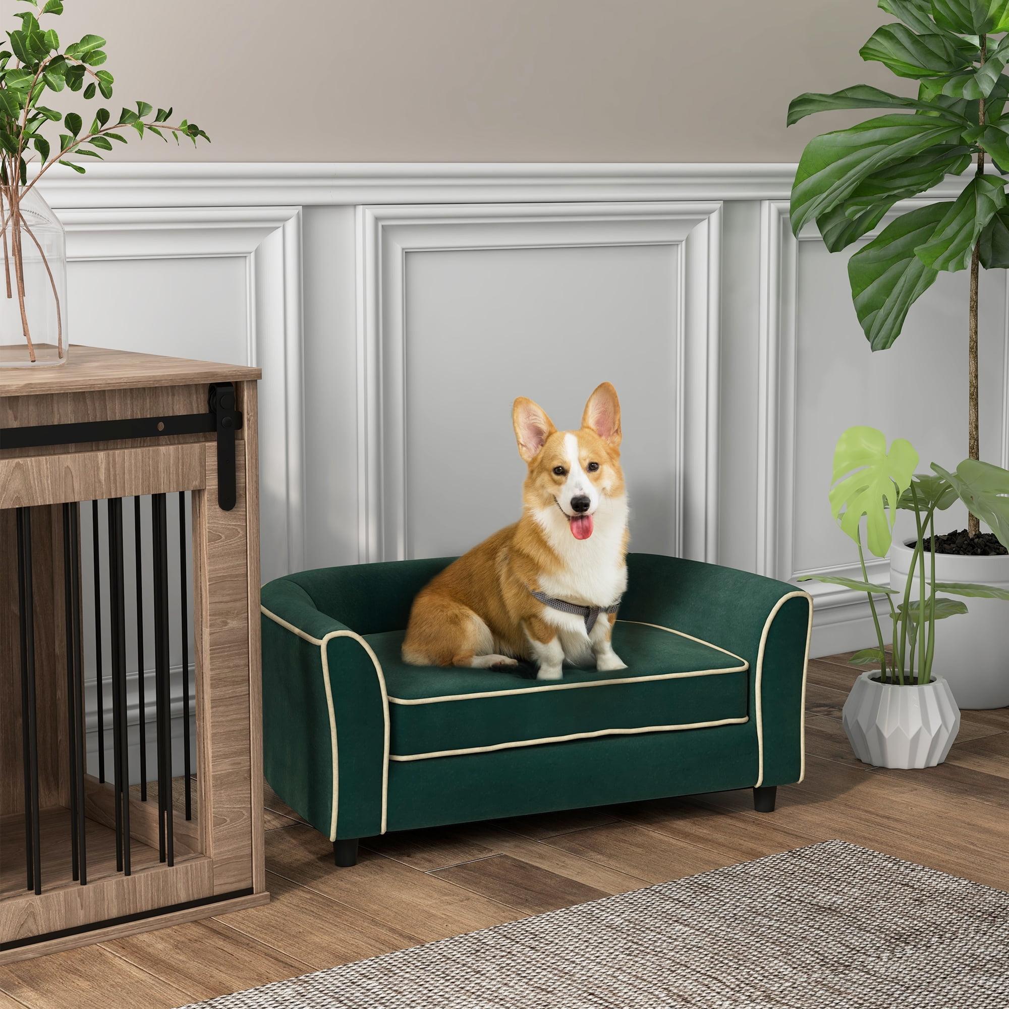 PawHut Dog Sofa, Fancy Pet Bed, Modern Dog Couch for Small and Medium Dogs, with Soft Cushion, Washable and Removable Cover, Dark Green