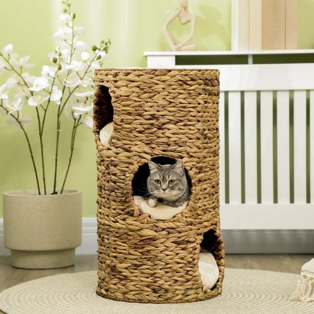 Ophelia & Co. Elevated Cat Bed With Three Hideaways & Four Soft Plush Cushions, Cat Tower With Hand-Woven Materials, Multi-Layer Raised Kitten Bed Caves