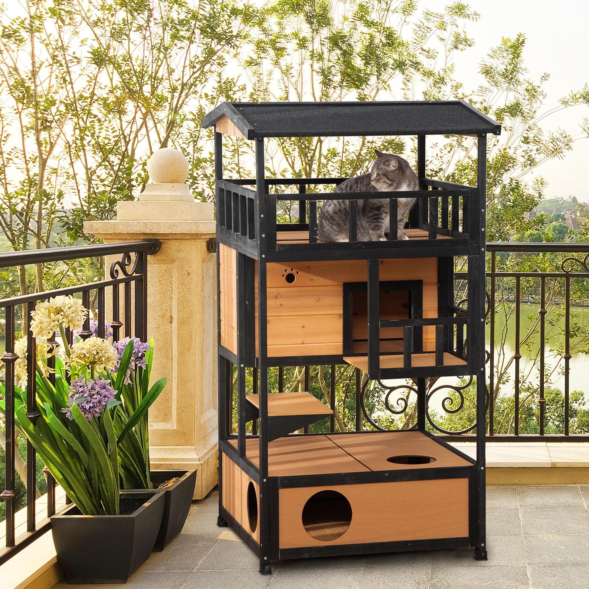 PawHut Wooden Outdoor Cat House, Feral Cat Shelter Kitten Tree with Asphalt Roof, Escape Doors, Condo, Jumping Platform