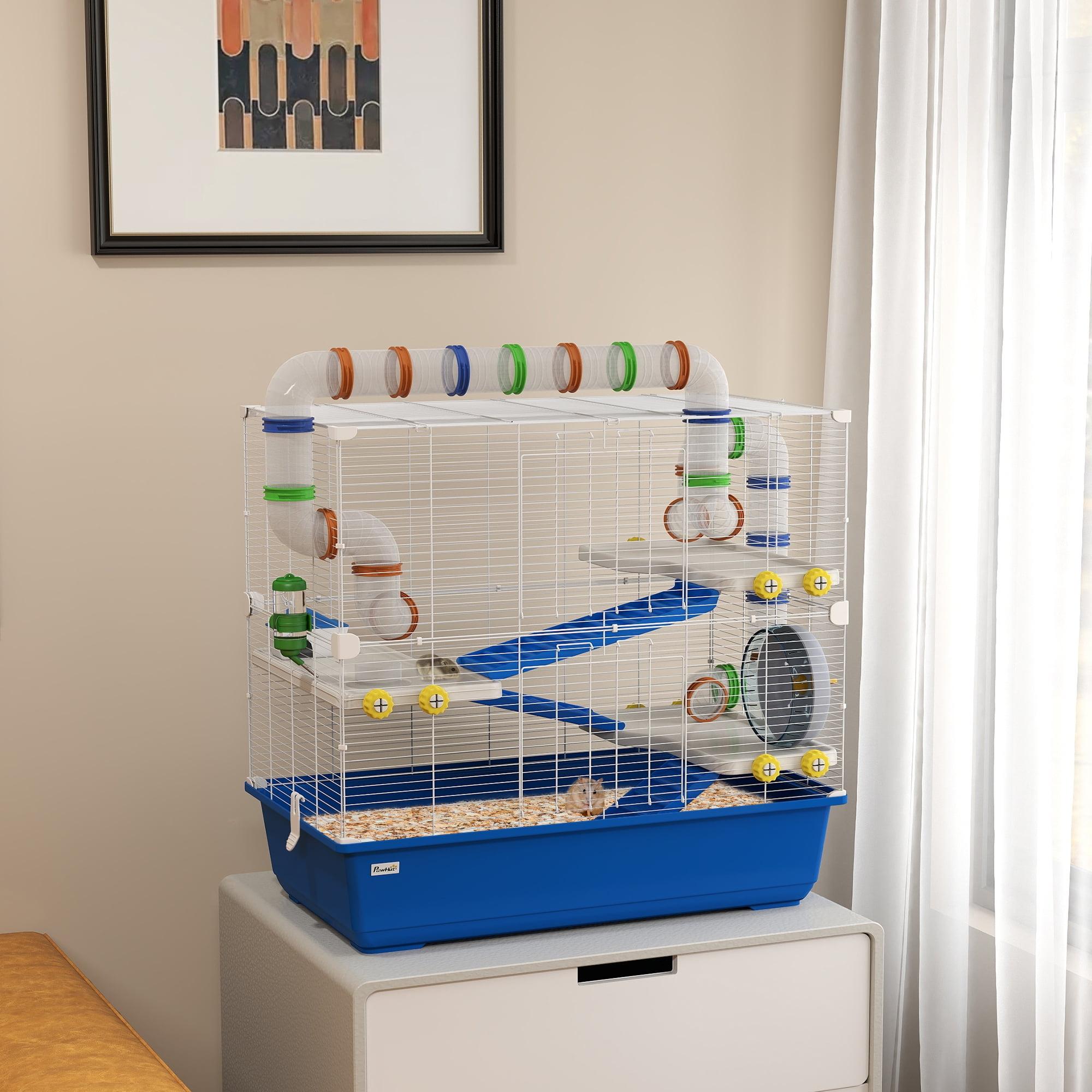 PawHut Hamster Cage, 4 Tier Small Animal Cage Rat Cage with Tunnel Tube System, Hut, Exercise Wheel, Water Bottle, Food Dish, for Syrian, Gerbil, Blue
