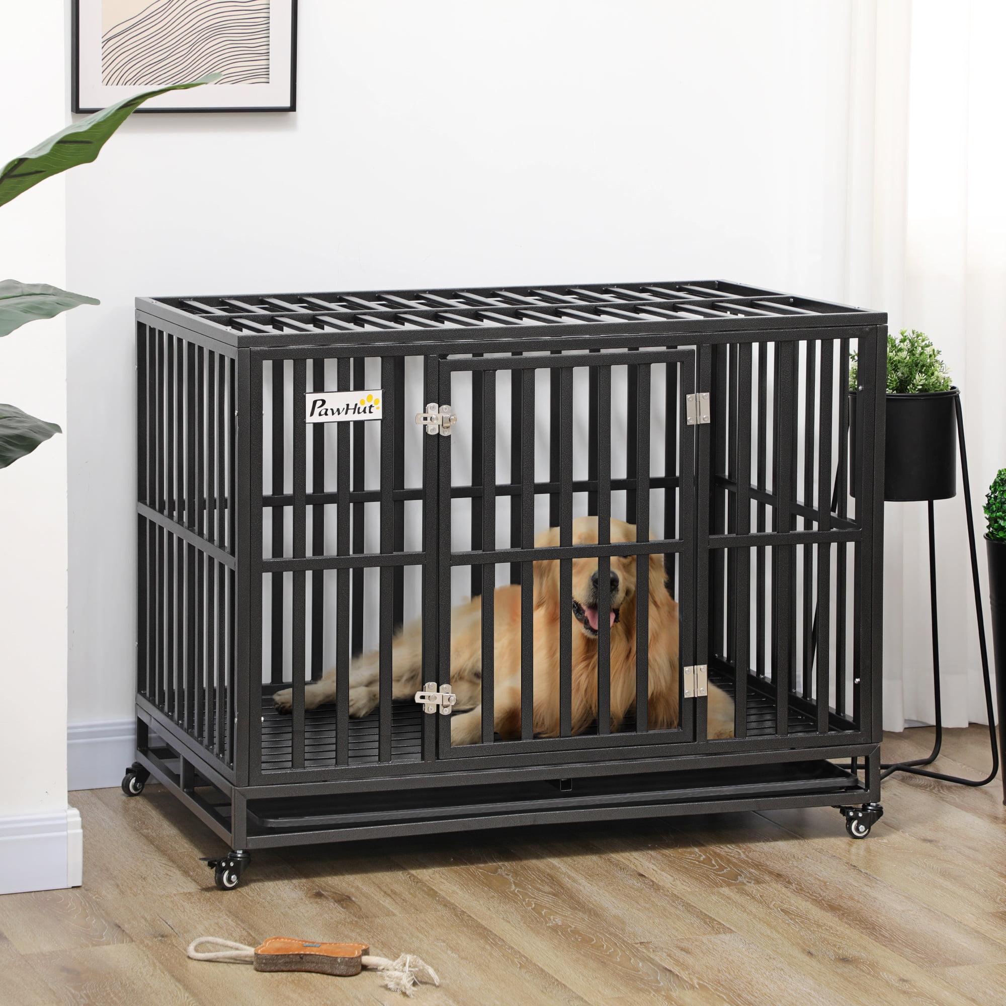 PawHut 44" Heavy Duty Dog Crate Metal Kennel and Cage Dog Playpen with Lockable Wheels, Slide-out Tray and Anti-Pinching Floor
