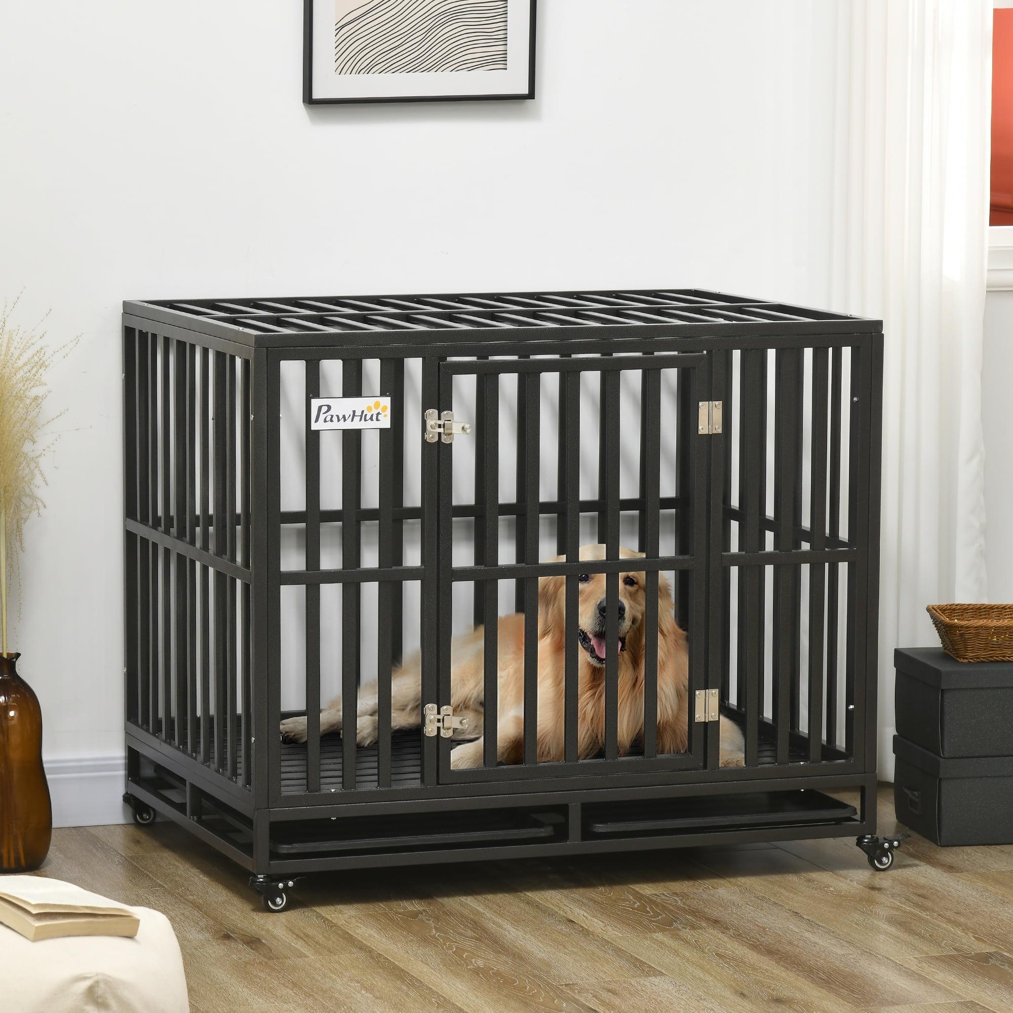 PawHut 41" Heavy Duty Dog Crate Metal Kennel and Cage Dog Playpen with Lockable Wheels, Slide-out Tray and Anti-Pinching Floor