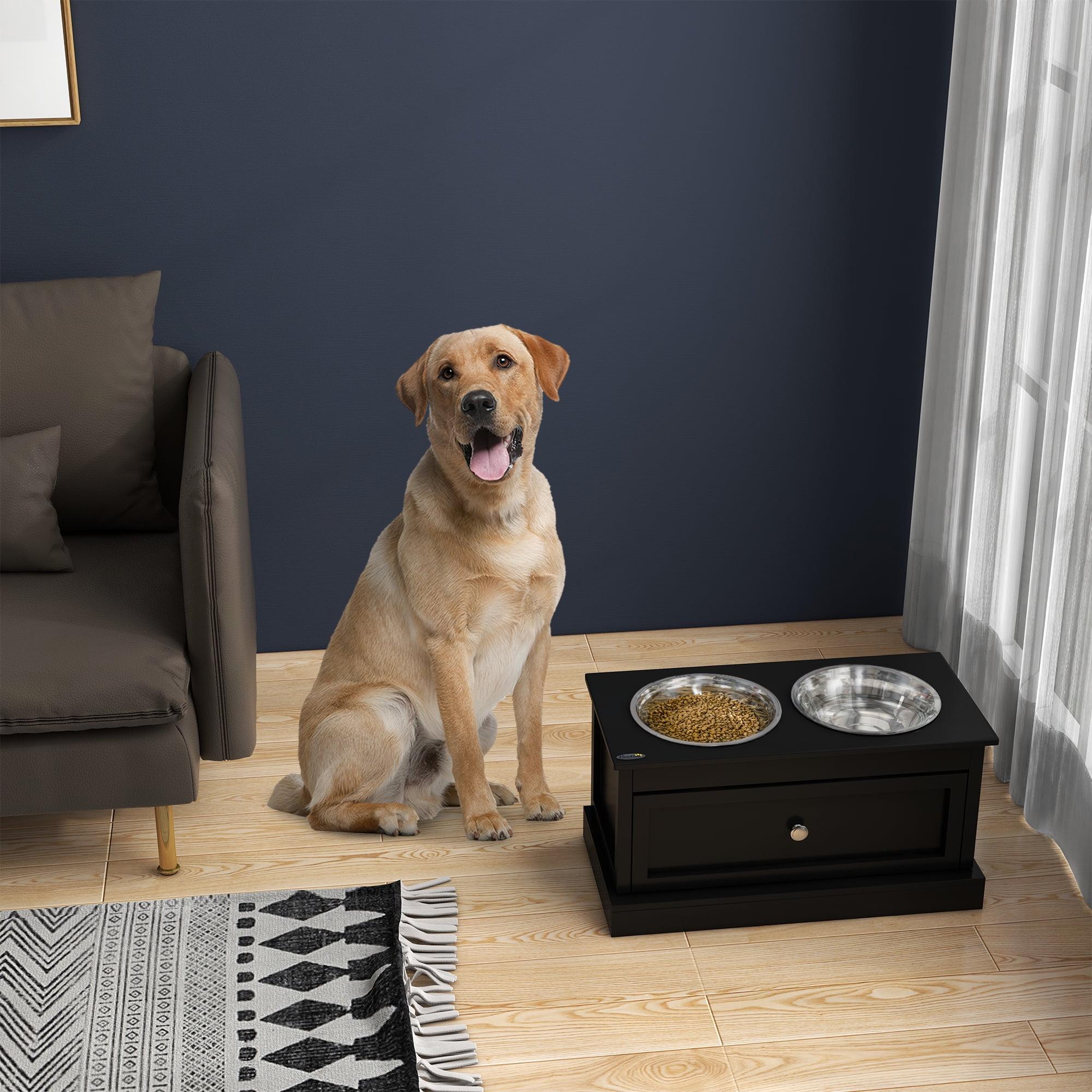 Black Elevated Dog Bowls with Storage Drawer and Stainless Steel Bowls