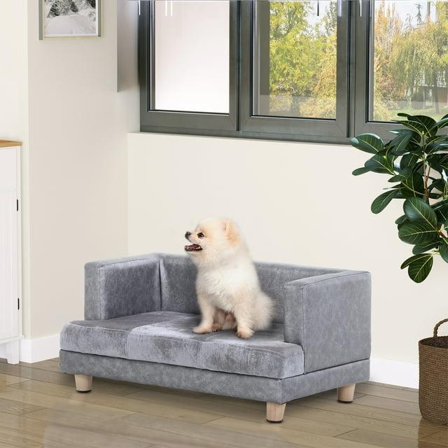 PawHut Luxury Fancy Dog Bed for Small Dogs, Small Dog Couch with Soft Fuzzy & Faux Leather Combo, Dog Sofa Bed, Rectangle Modern Furniture, Puppies