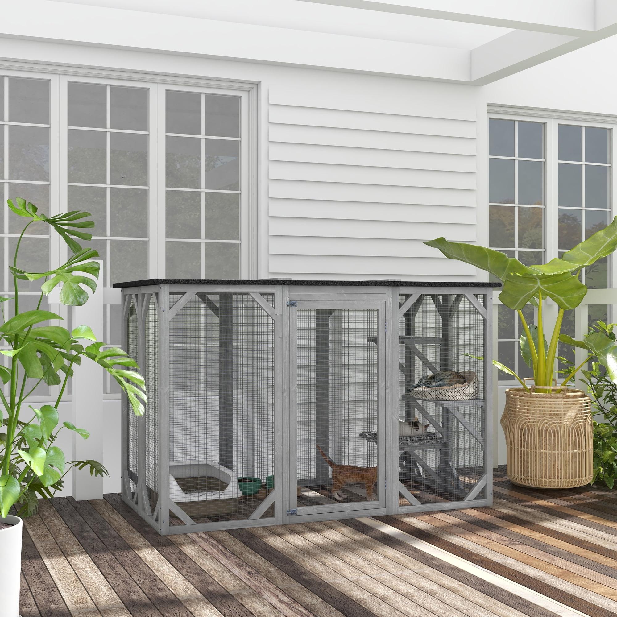 PawHut Outdoor Cat House, Catio Wooden Feral Cat Shelter, Cat Cage with Platforms, Large Enter Door, Weather Protection Asphalt Roof, 71" L, Gray