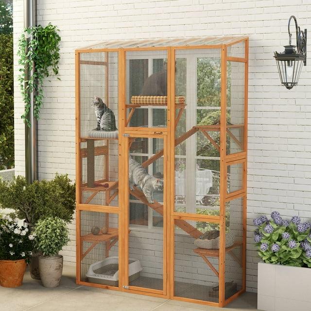 PawHut Outdoor Catio Cat Enclosure, Large Wooden Cat House with 6 Jumping Platforms, Scratching Post, 2 Ramps, Waterproof Roof, for 2-3 Kittens