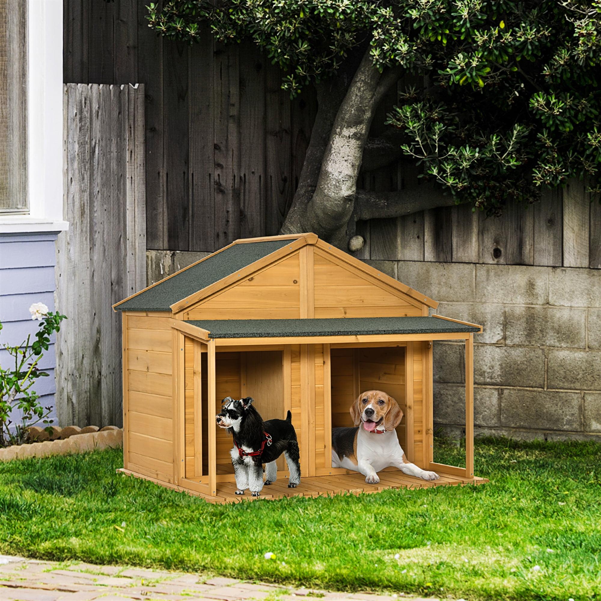 PawHut Wooden Dog House Outdoor Duplex for 2 Medium or Small Dogs, Outdoor Double Dog House with Porch, 50" x 43" x 43"