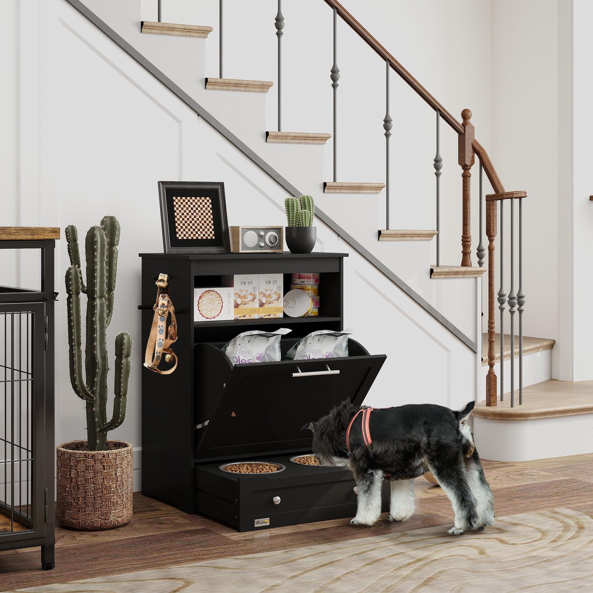 Black Elevated Pet Feeder Station with Storage Cabinet