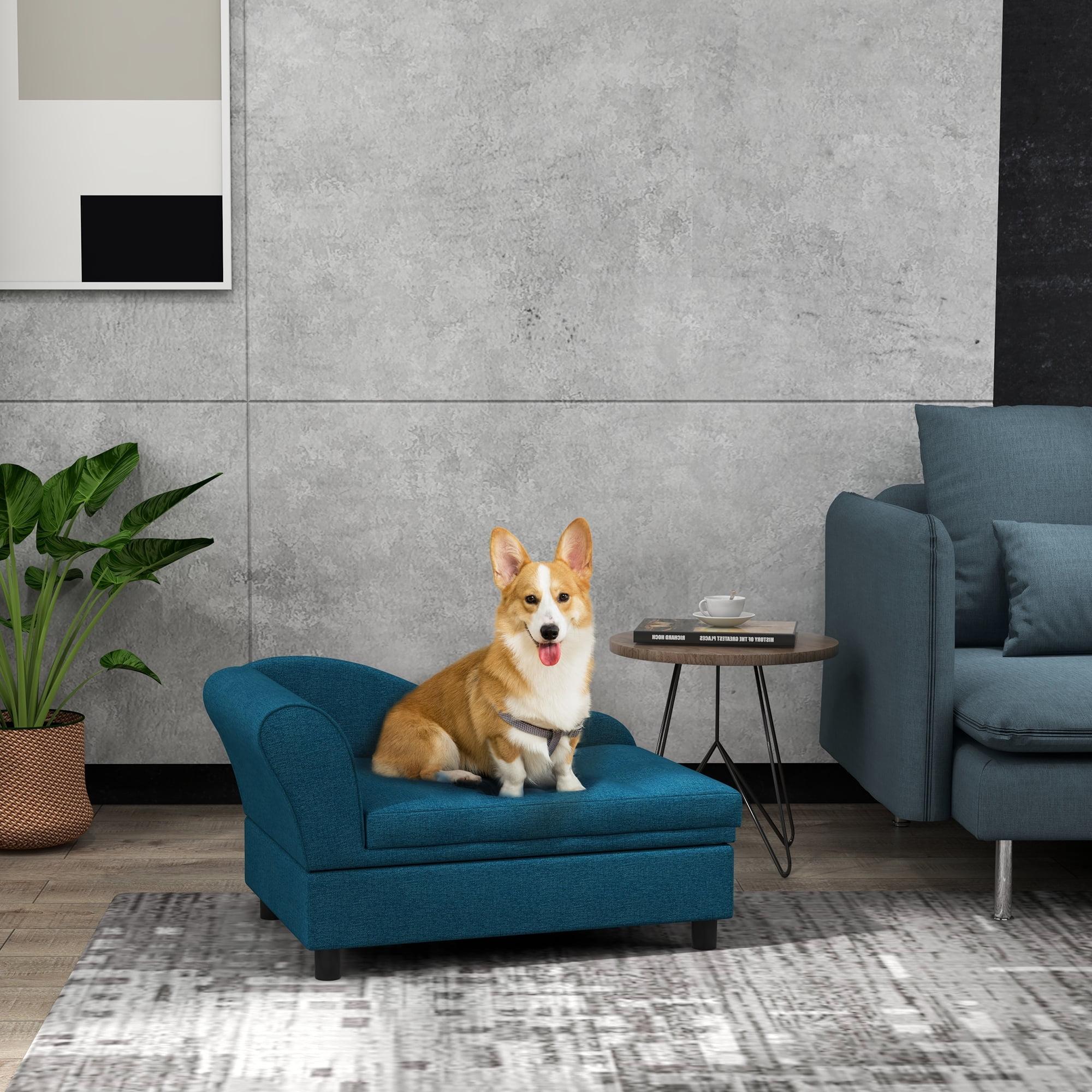 PawHut Pet Sofa, Dog Sofa, Elevated Pet Bed for Small Dogs, with Hidden Storage, Soft Tufted Cushion, Dark Blue
