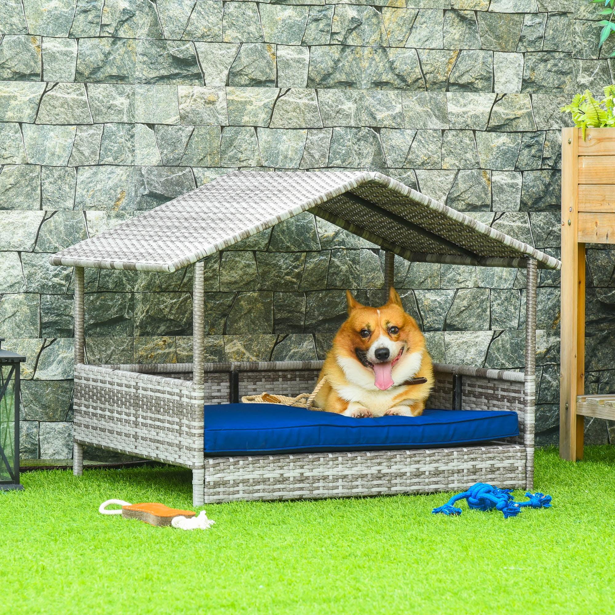 PawHut Wicker Dog House Elevated Raised Rattan Bed for Indoor/Outdoor with Removable Cushion Lounge, Dark Blue