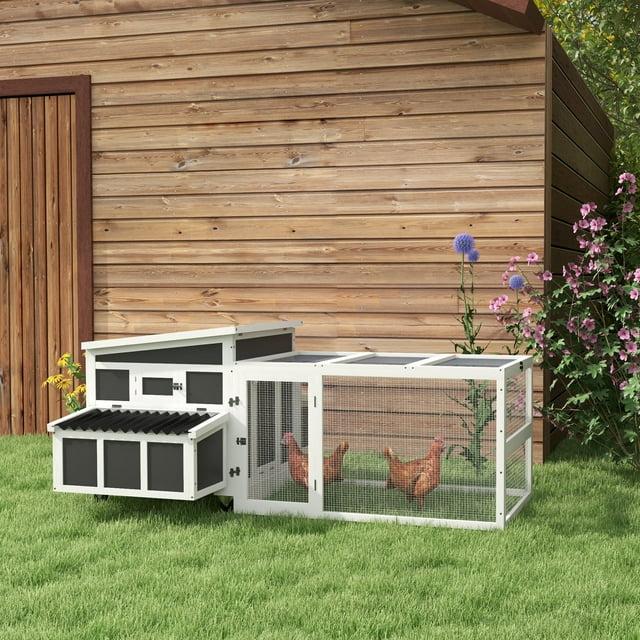 PawHut Wooden Chicken Coop with Nesting Box, Outdoor Poultry Cage Rabbit Hutch with Run for 6 Chickens, Ducks, Hens, Small Animals, Dark Gray