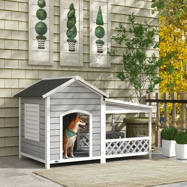PawHut Wooden Dog House Outdoor with Porch, Raised Dog Shelter with Asphalt Roof, Doors and Shutter Window, for Medium Large Sized Dog, Light Gray