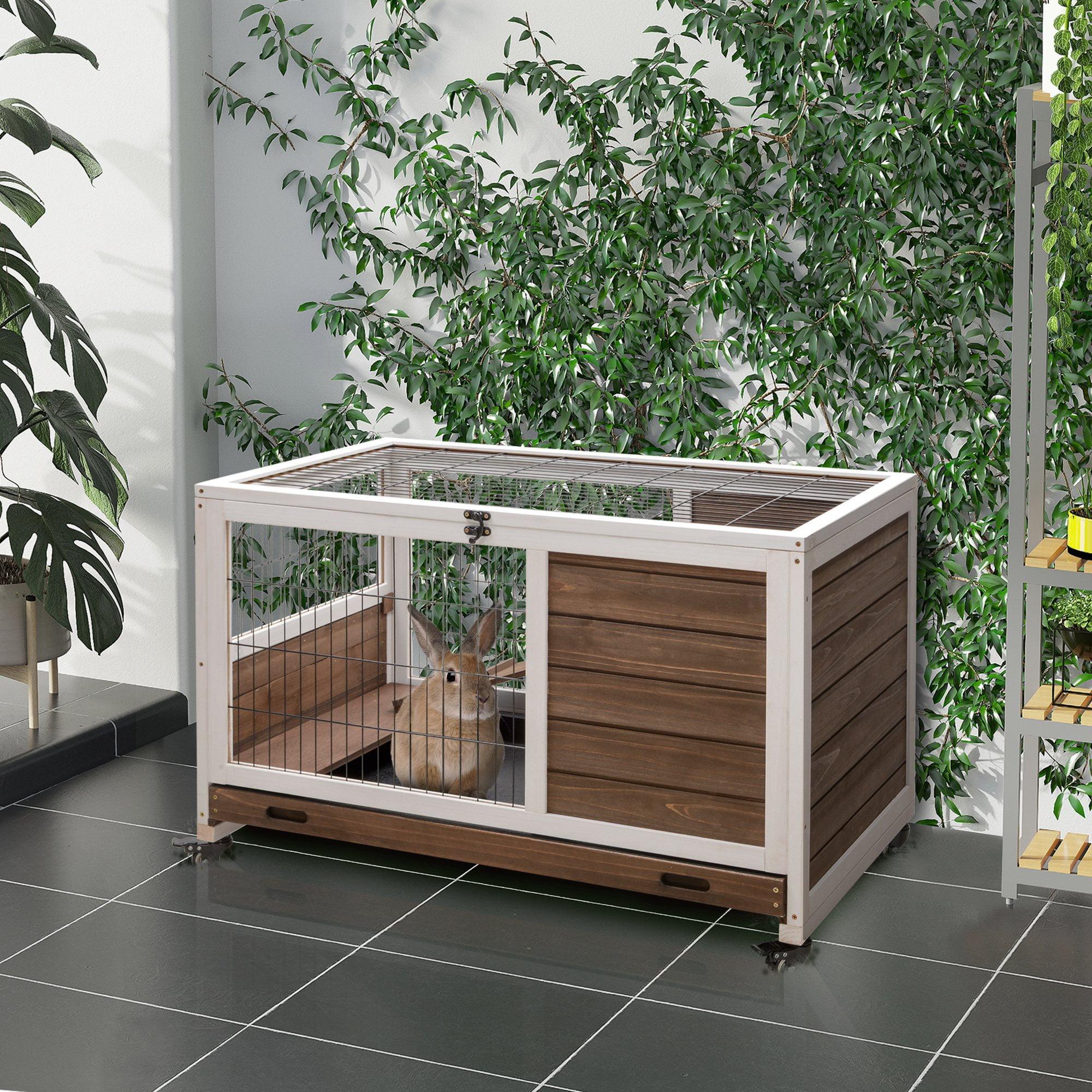 PawHut Wooden Rabbit Hutch Indoor Elevated Cage Habitat with No Leak Tray Enclosed Run with Wheels, Ideal for Rabbits and Guinea Pigs