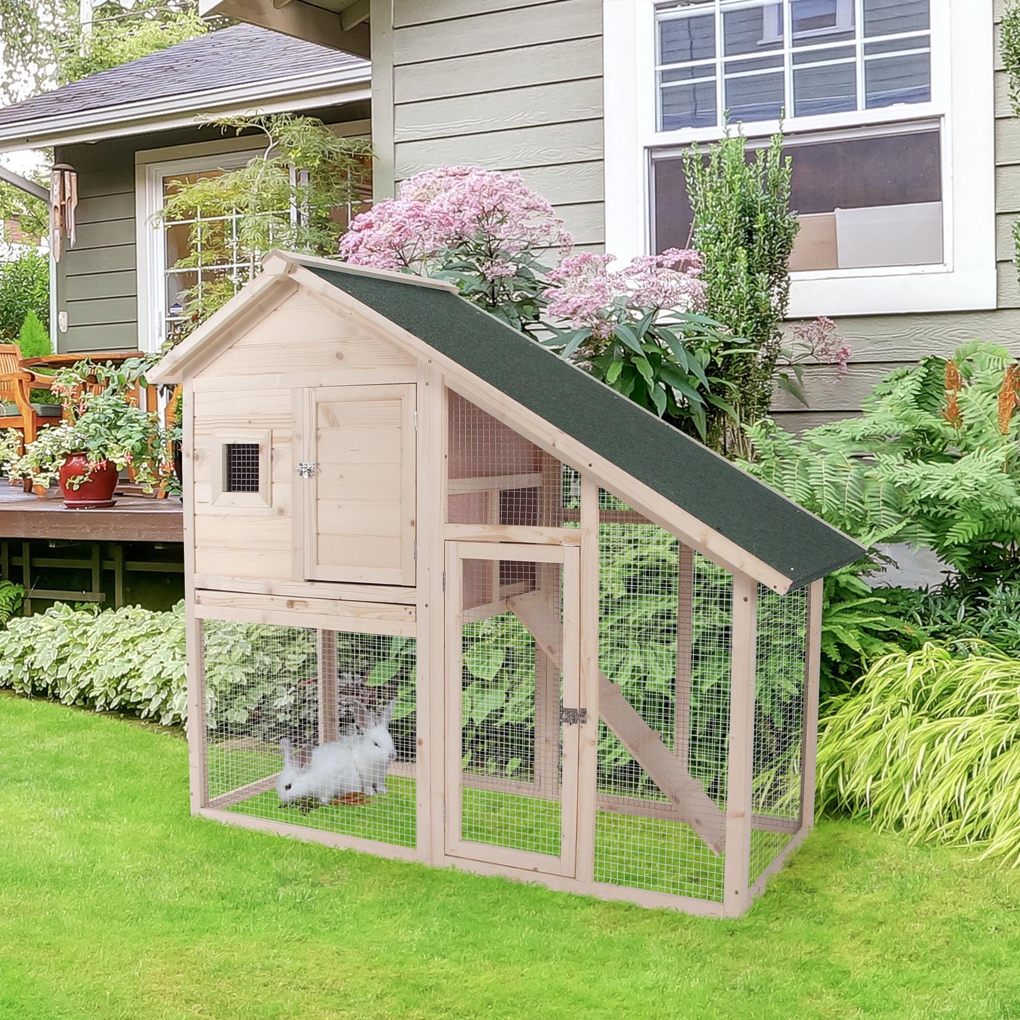 Natural Wood 2-Tier Guinea Pig Hutch with Ramp and Roof