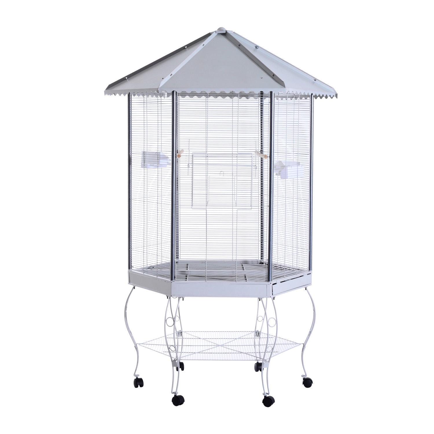 Hexagonal Gray Iron Aviary Bird Cage with Canopy and Storage