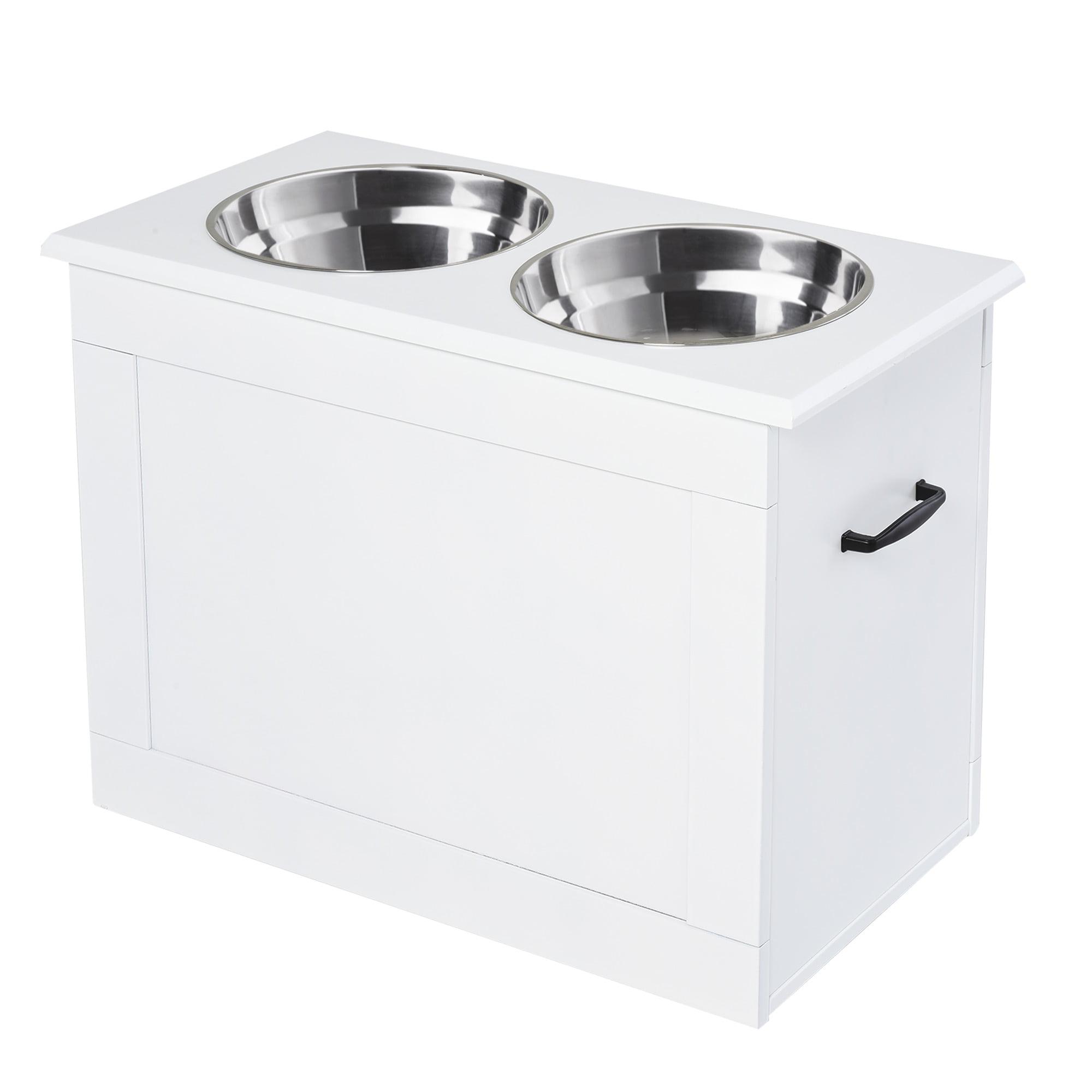 White Elevated Pet Feeding Station with Stainless Steel Bowls