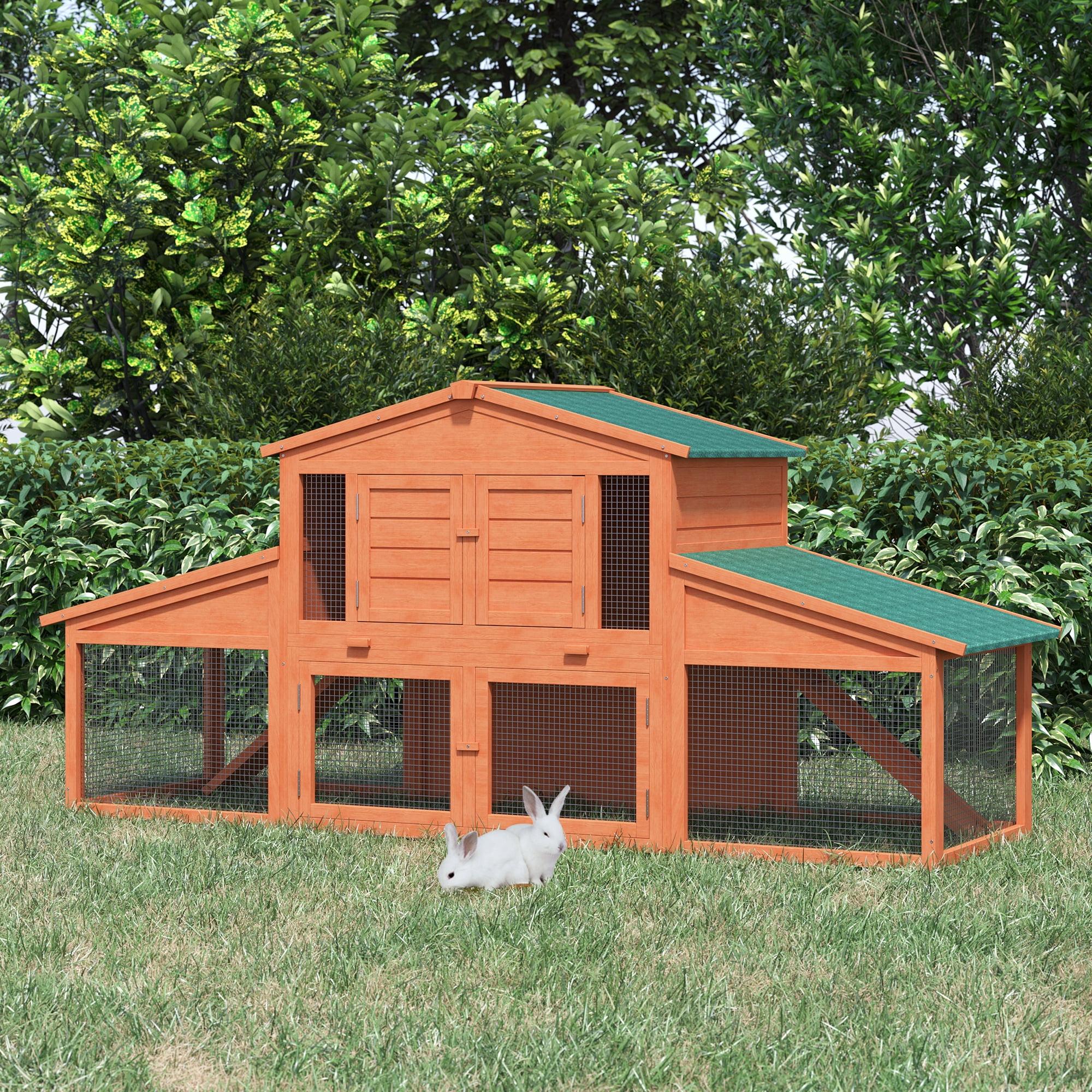 PawHut 88.5" Wooden Rabbit Hutch Bunny Hutch Guinea Pig House with Removable Tray, Double Ramp and Weatherproof Asphalt Roof for Outdoor