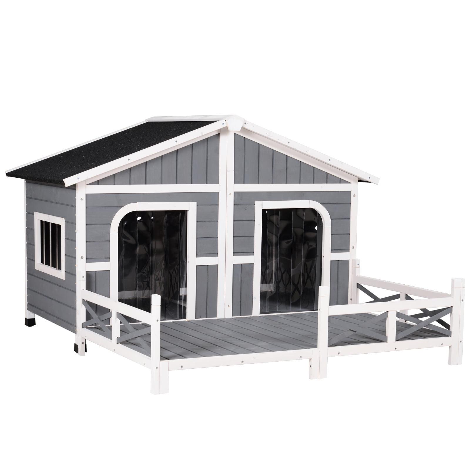 PawHut 59"x64"x39" Wood Large Dog House Cabin Style Elevated Pet Shelter w/Porch Deck