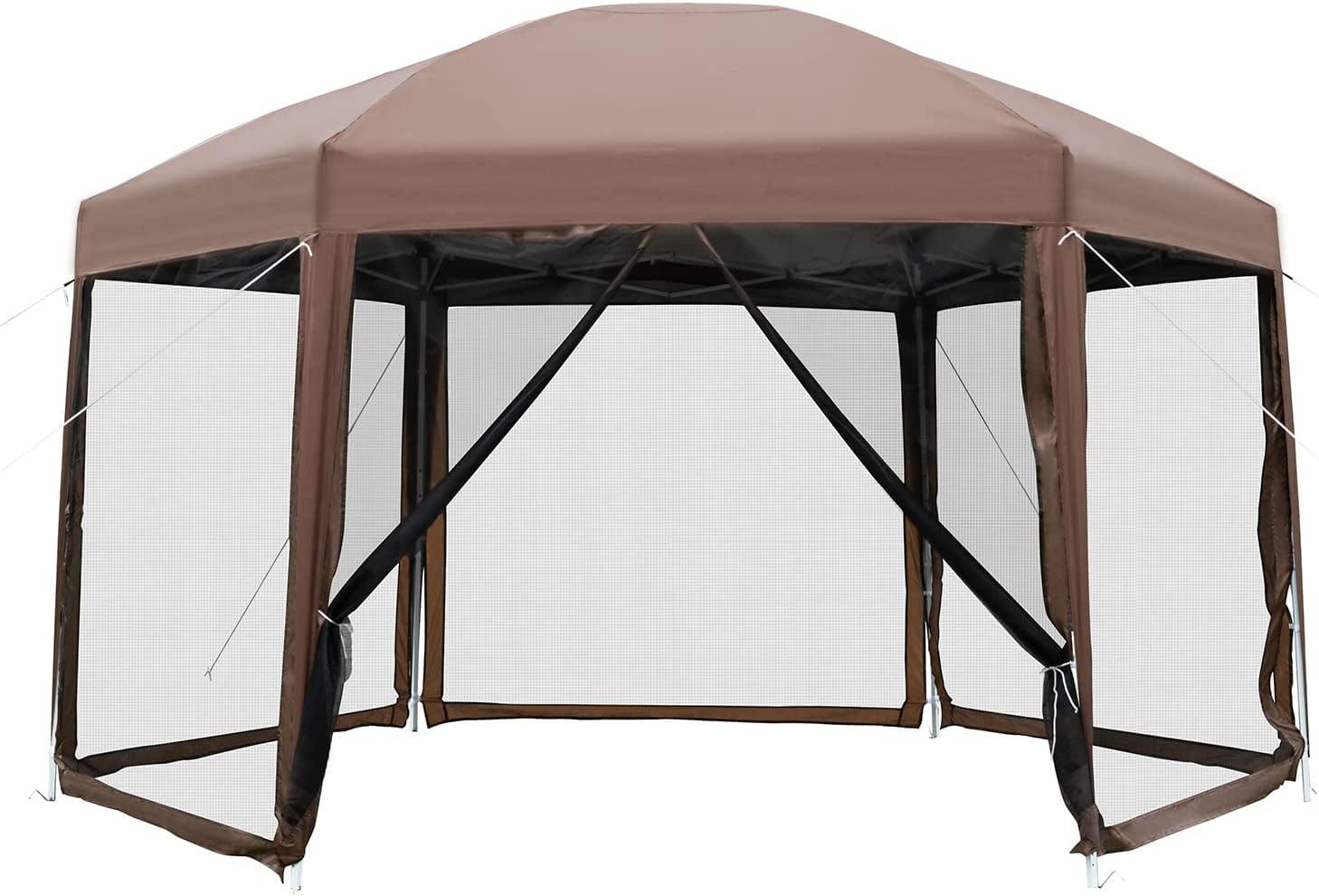 Brown 13x13ft Hexagonal Pop Up Gazebo with Mosquito Netting