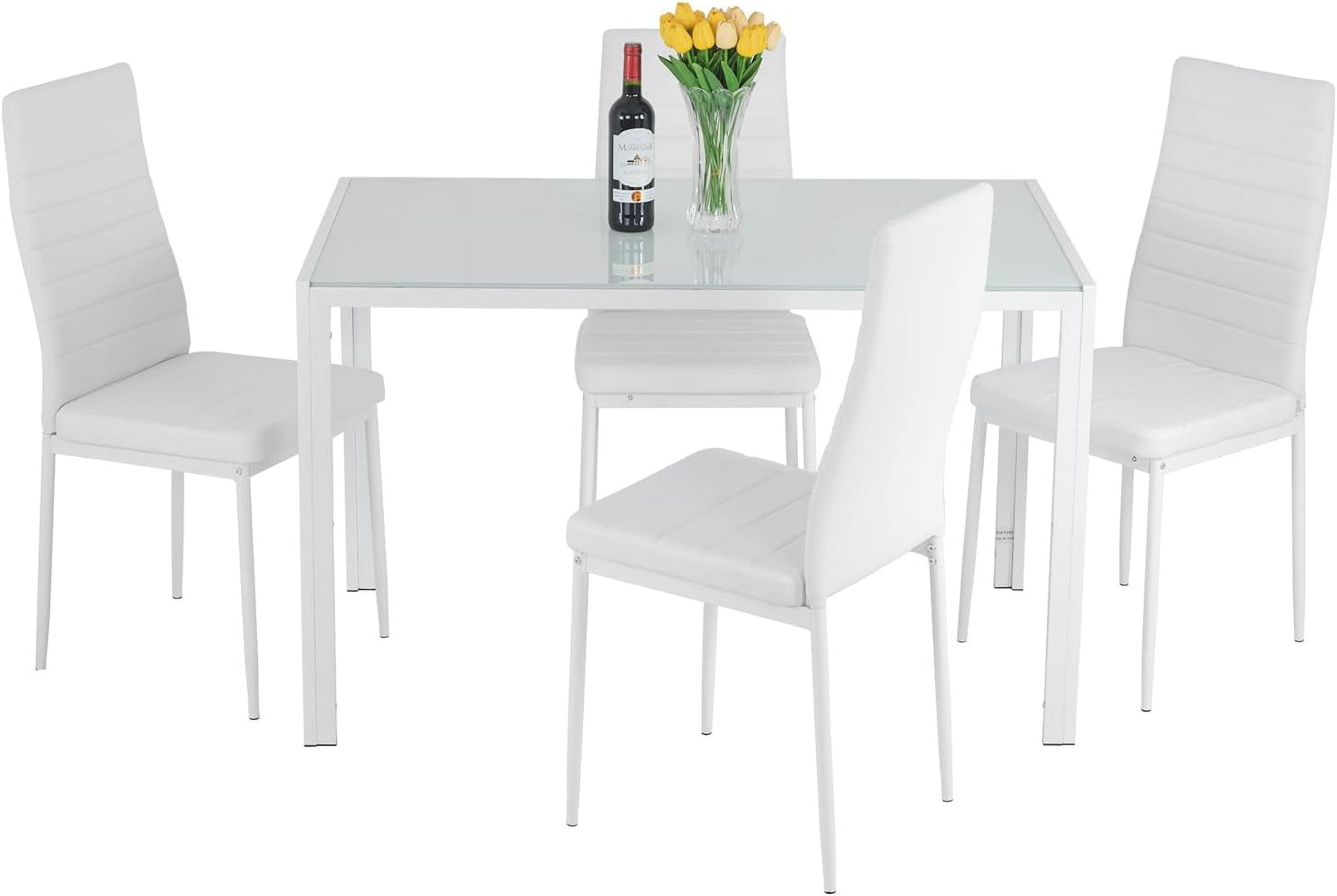 White Glass and Faux Leather 5-Piece Dining Set