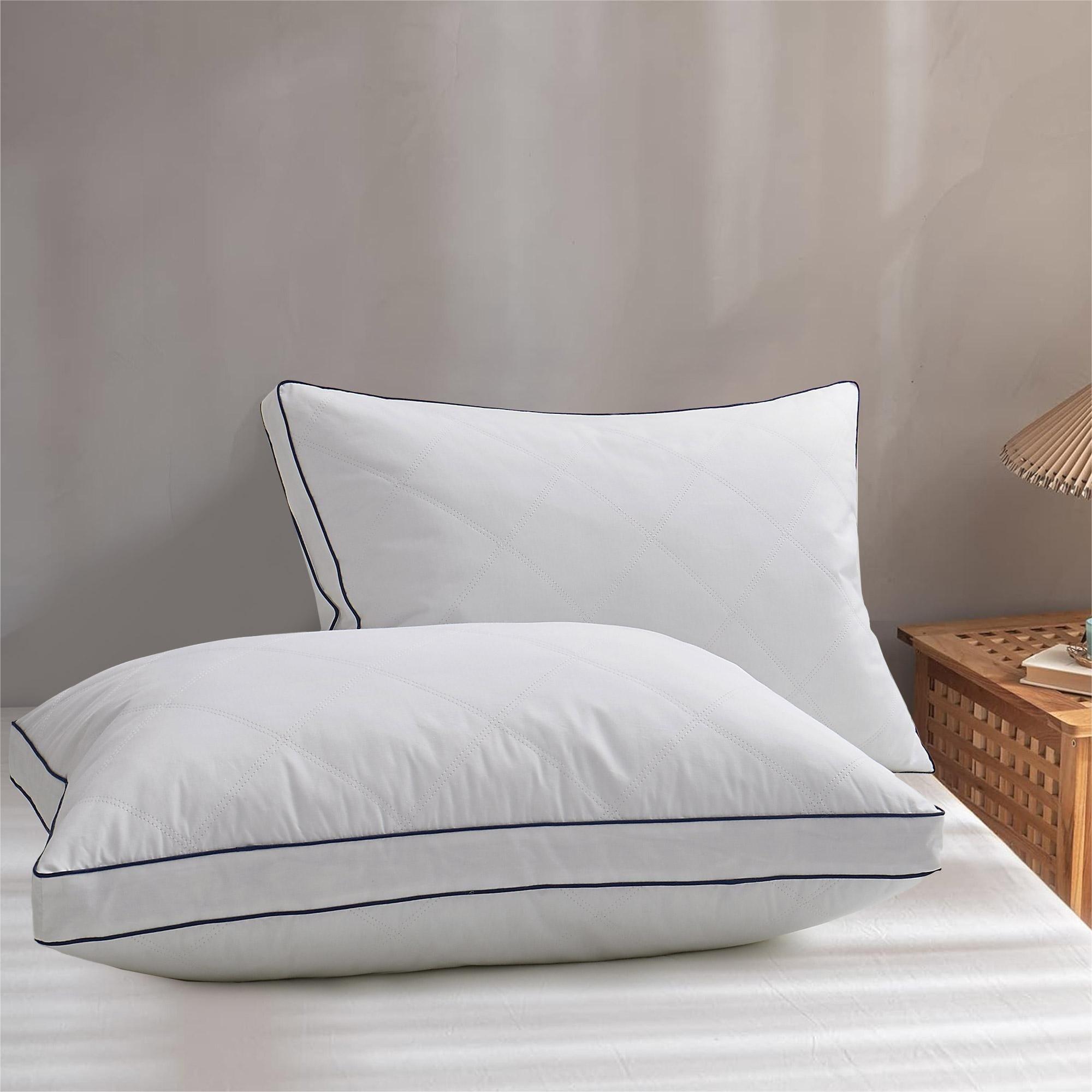 Queen Size White Goose Feather Down Pillows with Navy Piping, Pack of 2