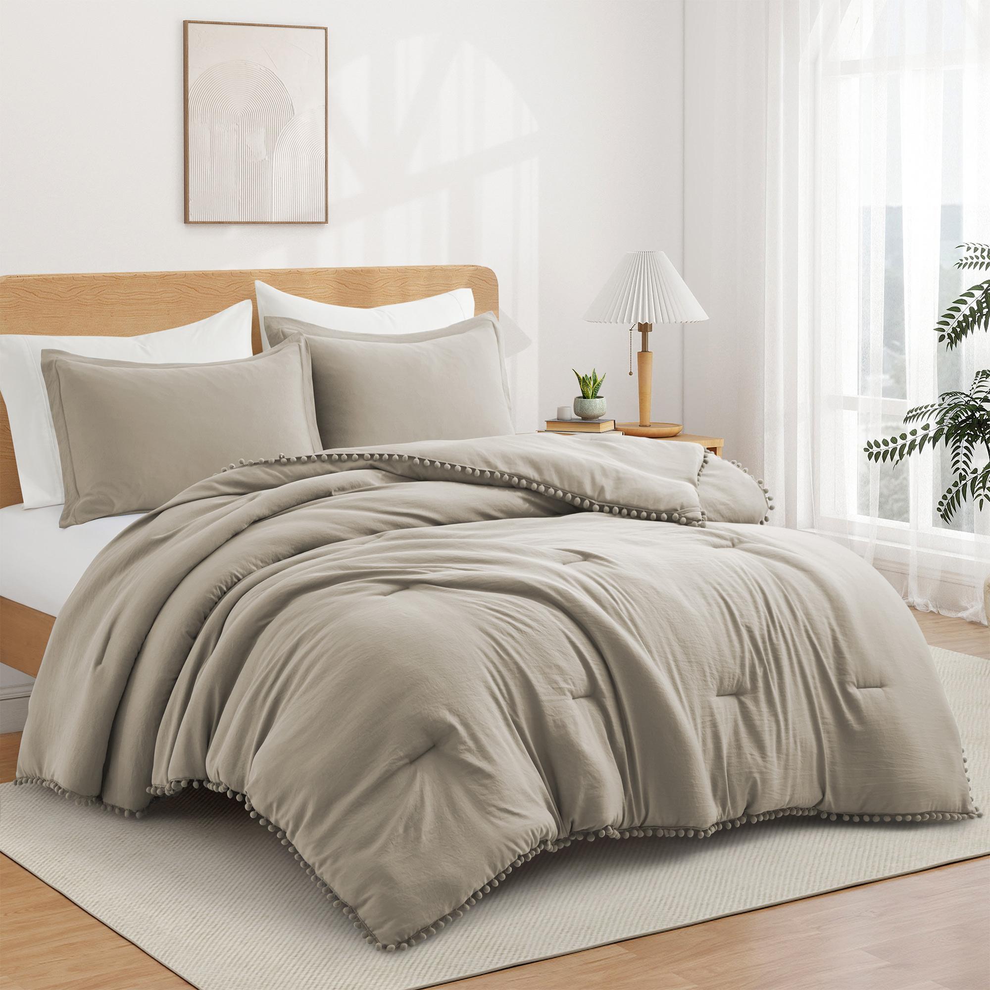 Peace Nest All Season Ball Pom Design Comforter Set with Pillowcases, Pom Pom Fringe Bedding Set, Khaki, Full/Queen