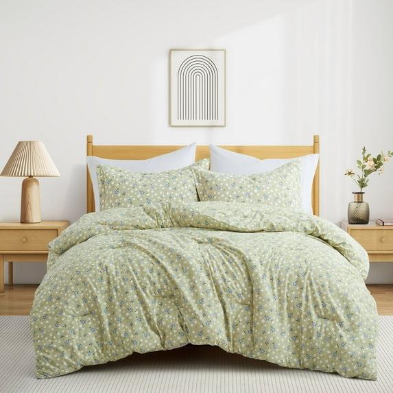 Peace Nest Floral Printed Comforter Set with Pillowcases, Bedding Set for All Season, Green, King