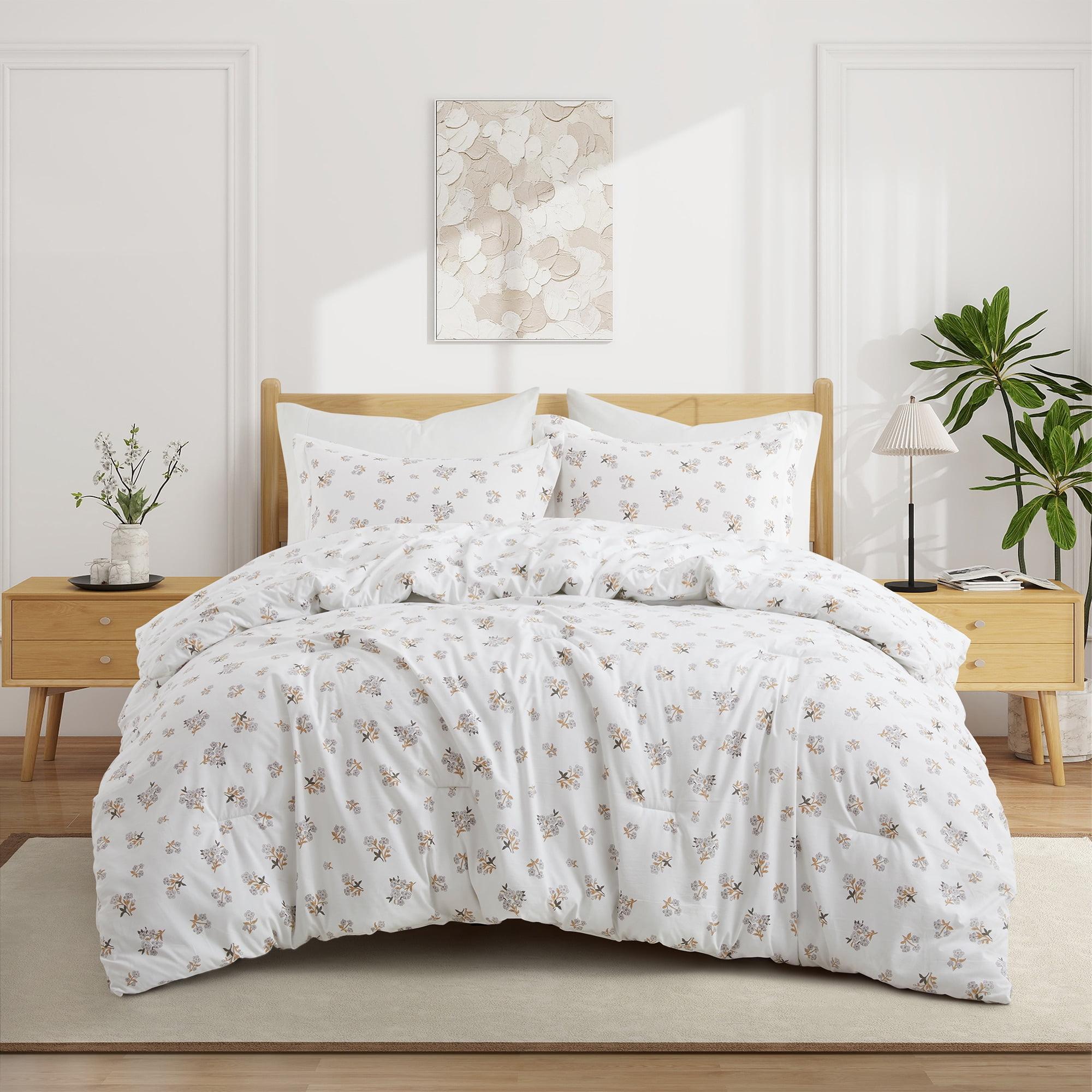 Peace Nest Floral Printed Comforter Set with Pillowcases, Bedding Set for All Season, White, King