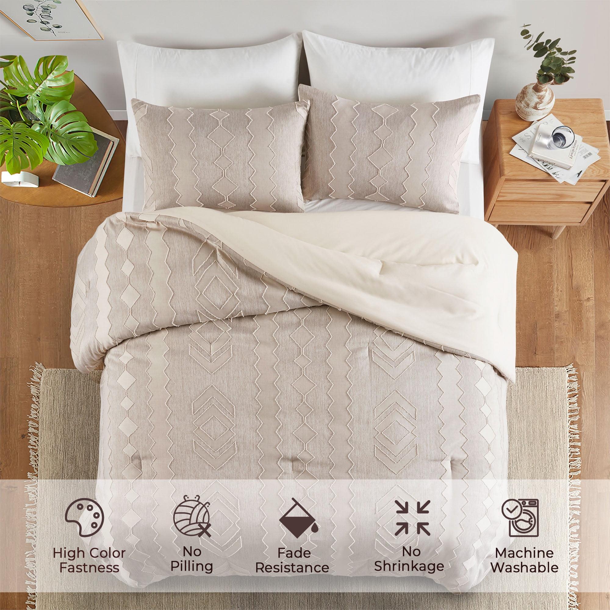 Peace Nest 3 Piece Tufted Embroidery Comforter Set Soft Clipped Microfiber Year-Round Warmth Geometric Design, Khaki, Full/Queen