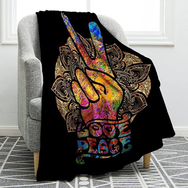 Peace Sign Blanket Hippie Gifts for Dad Women Kids Girls Birthday Father's Day Home Bedroom Living Room Decor Soft Cozy Lightweight Plush Throw Blankets Black 50"x60"