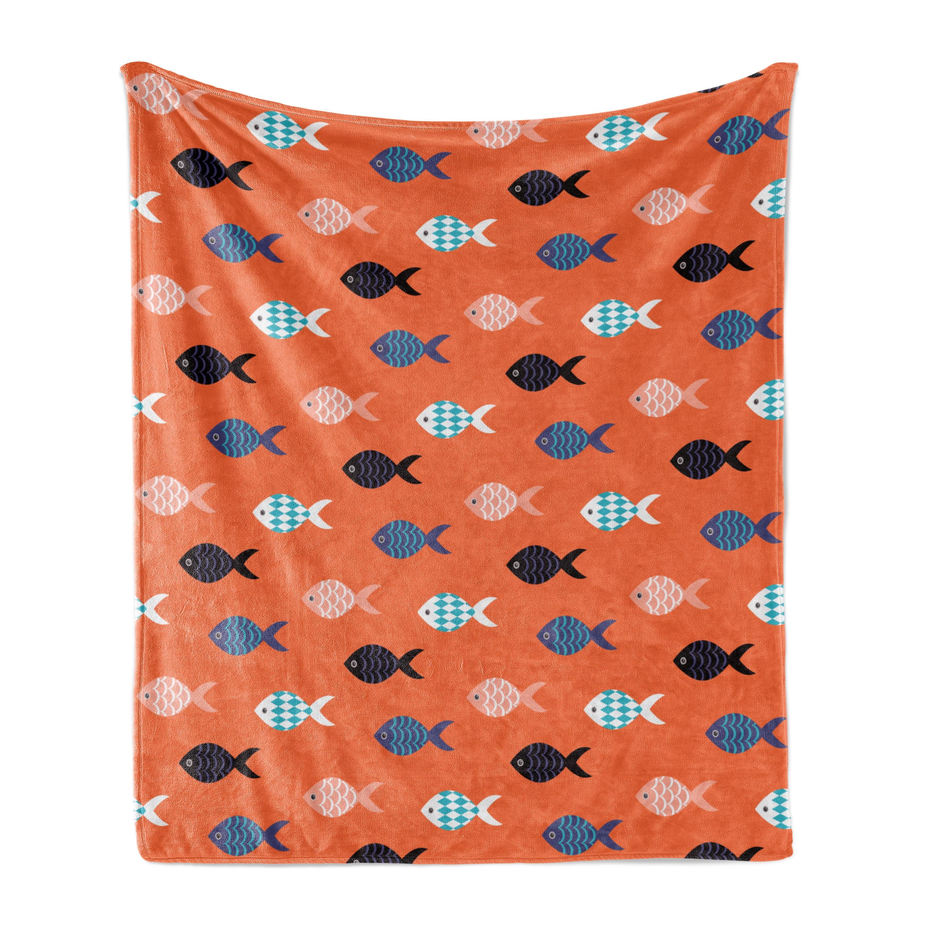 Ambesonne Orange Fleece Throw Blanket Colorful Fish Shoal Blue Salmon Teal