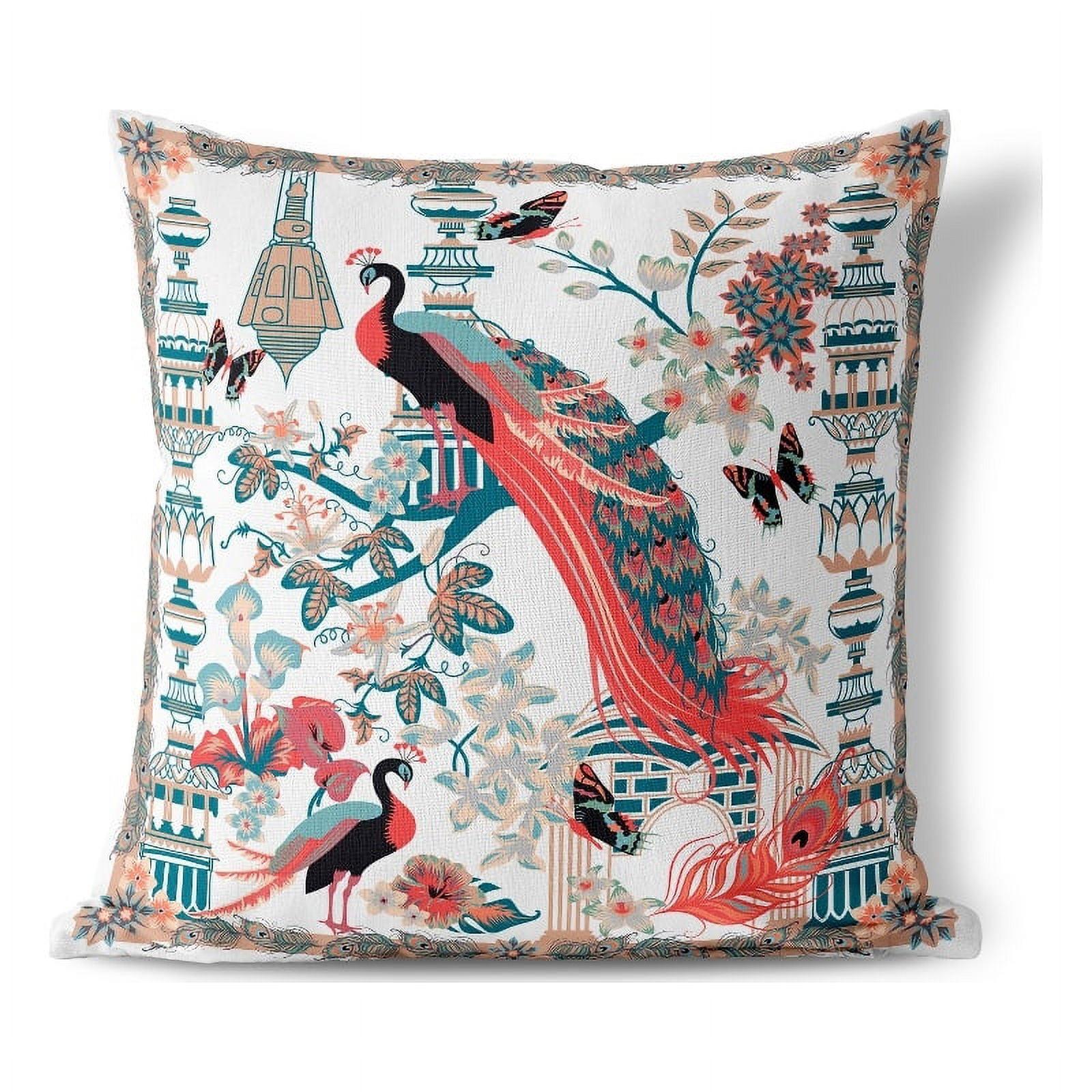 Peacock Paradise White and Multicolor 18" Square Indoor/Outdoor Pillow