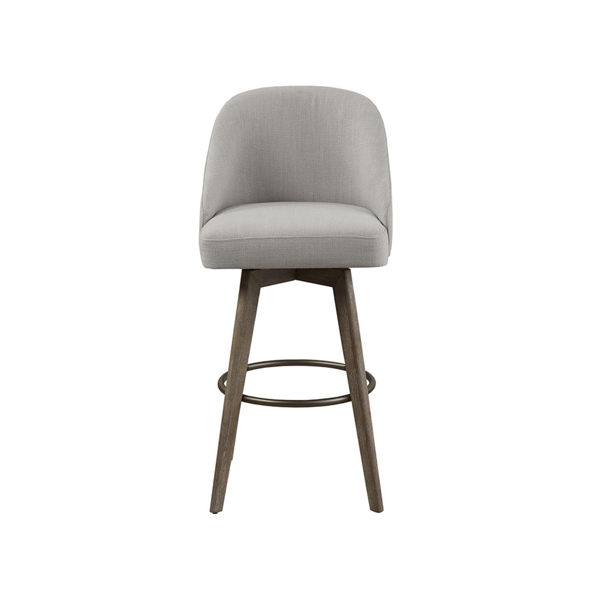 Gray Upholstered Swivel Bar Stool with Wood Legs