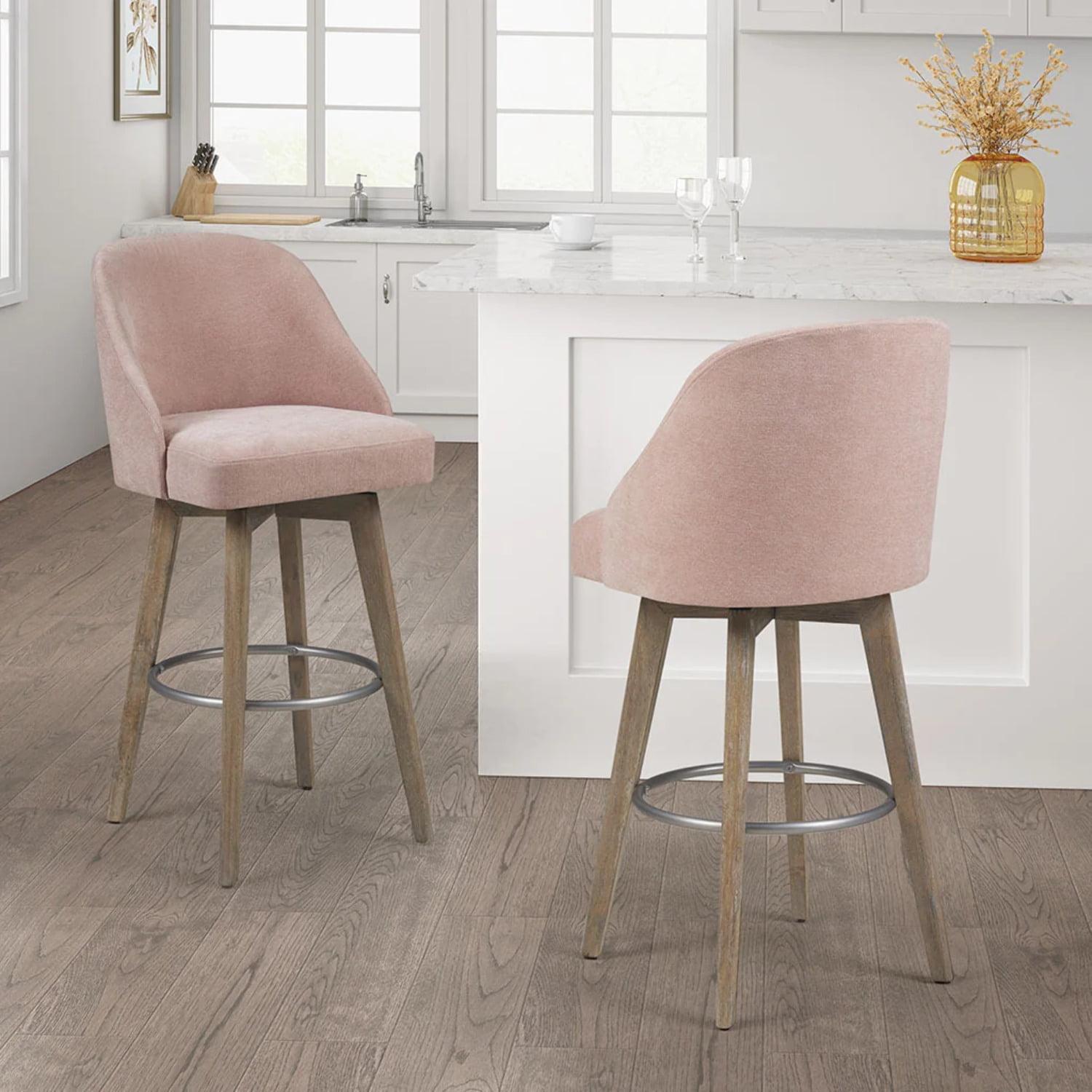 Elegant Pink Swivel Counter Stool with Metal Footrest and Wood Legs