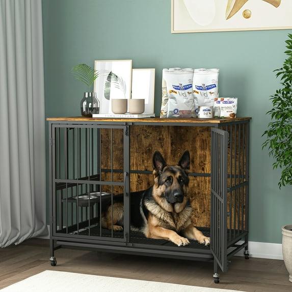 Modern Kennel with Multi-Functional Design for Dogs up to 80 LB, Featuring a Lift Panel and 360 Degree Rotation of 3 Height Adjustable Feeding Bowls.
