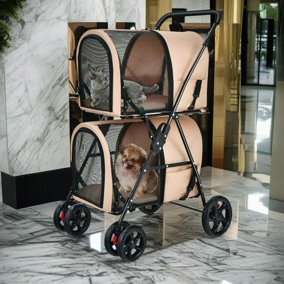 Infans 4-in-1 Double Pet Stroller w/ Detachable Carrier Travel Carriage for Cats Beige