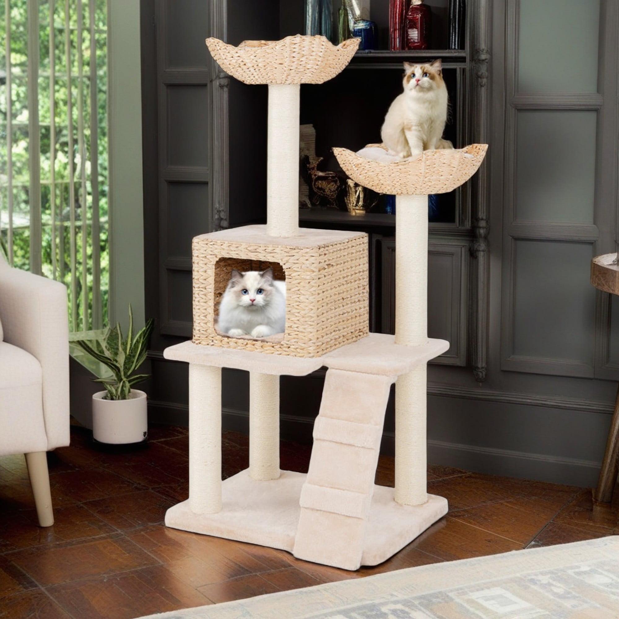 Tangkula 48" Cattail Cat Tower w/ Sisal Scratching Posts Perch Condo Basket Bed Ladder