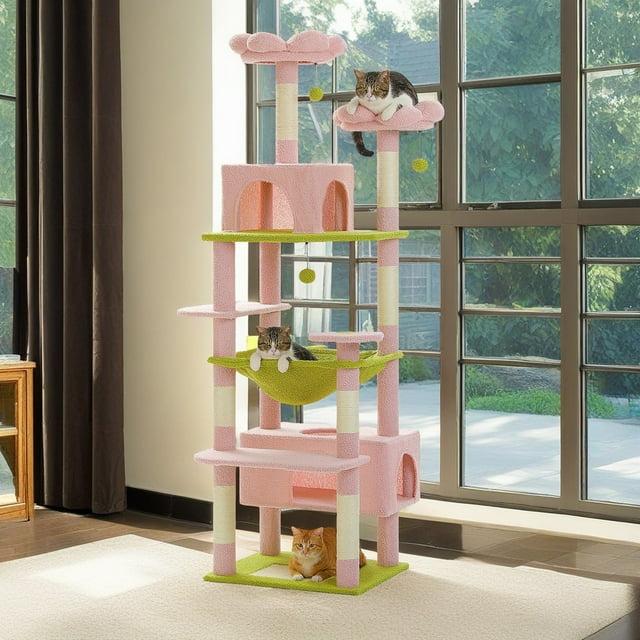 72 Inches Large Cat Tower For Large Cats, Cat Condo With Sisal-Covered Scratching Posts And Pads, 2 Padded Perch, Dual Condo And Basket